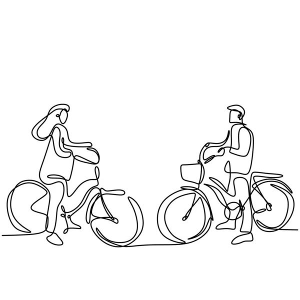 One Continuous Line Drawing Happy Young Couple Take Walk Bicycle — Stock Vector
