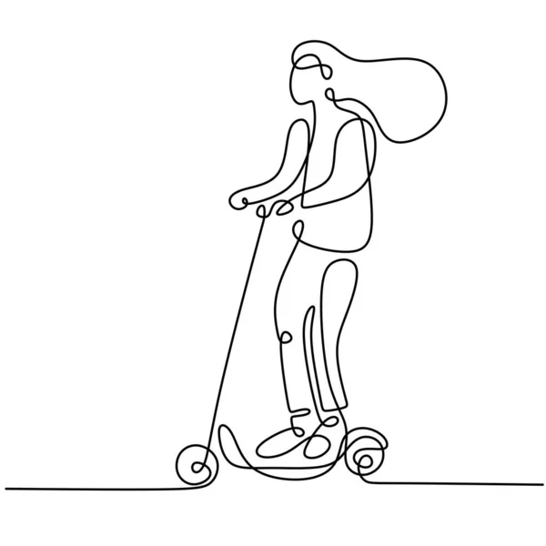 Sürekli Olarak Elektrikli Scooter Süren Genç Bir Kadının Çizimleri Genç — Stok Vektör
