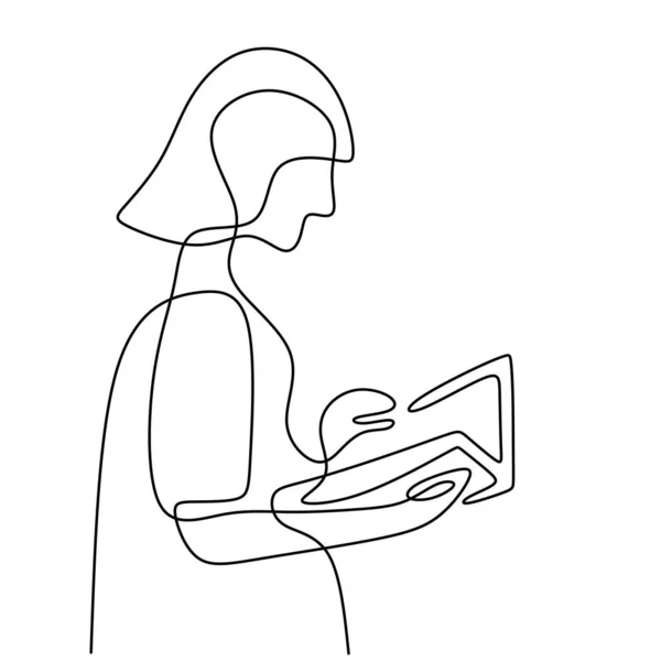 Dibujo Continuo Una Línea Libro Lectura Chica Mujer Linda Centran — Vector de stock