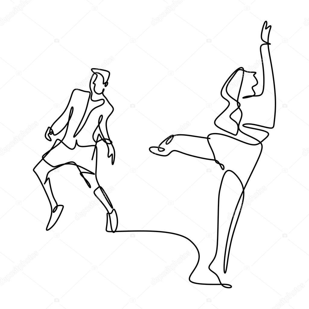 Continuous one line drawing of people dancer. Young energetic men and women are practicing dancing to perform isolated on white background. Professional dancer concept. Vector minimalist design