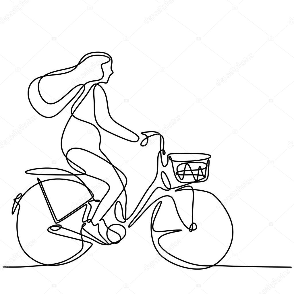 One line drawing of happy young girl on bicycle. Energetic beautiful woman riding her cycle in the morning to go to school. Daily activity. Back to school concept isolated on white background