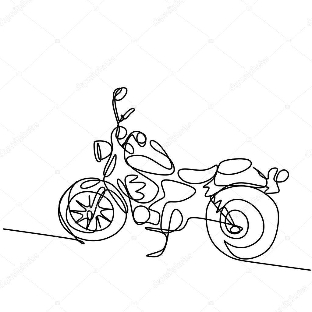 Continuous one line drawing of old classic vintage motorcycle. Cool retro motorbike isolated on white background. Antique motorcycle transportation concept in minimalist design. Vector illustration