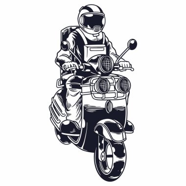 Astronot mobiletini monokrom stili izole edilmiş vektör illüstrasyonunda kullanıyor. Motosikletli uzay adamı motosiklet sürüyor. Tişörtler ve diğer moda giyim tasarımları için baskı. Çocuksu vektör illüstrasyonu