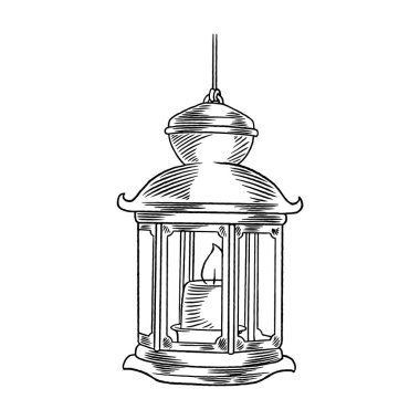 Müslüman halk festivali kutlaması için mum vektör illüstrasyonlu eski tip asma feneri. Sıcaklığın ve konforun sembolü. Ramazan Kareem. Geleneksel Arap lambaları.