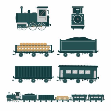 Eski tren tarzı. Bir dizi düz vintage tren taşıma ikonu. Buhar treni, yolcu treni ve kargo treni ön ve yan görüş beyaz arka planda izole edildi. Vektör çizgi film illüstrasyonu