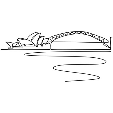 Sydney şehrinin siluetini çizmeye devam et. Sydney 'de sanat icra eden ikonik çoklu mekan. Basit modern minimalist stil vektör çizimi. Seyahat turizmi konsepti
