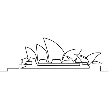 Sydney şehrinin siluetini çizmeye devam et. Sydney 'de sanat icra eden ikonik çoklu mekan. Basit modern minimalist stil vektör çizimi. Seyahat turizmi konsepti