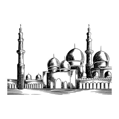 El çizimi Ramazan Kareem ve cami. Güzel tebrik kartı tasarımı elementleri. Bayramın kutlu olsun. İslam Festivali teması beyaz arka planda izole edildi. Vektör illüstrasyonu