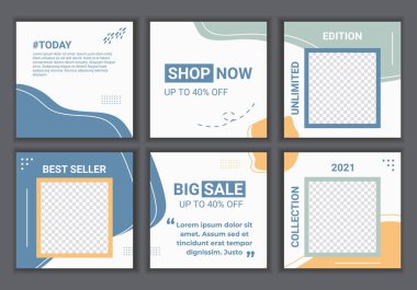 Pastel renkli sosyal medya iletileri fotoğraf için yerleştirilmiş şablonlar. Mobil uygulamalar için mavi ve turuncu pastel boya ve indirimli web afişleri içeren soyut arka planlar. Vektör illüstrasyonu