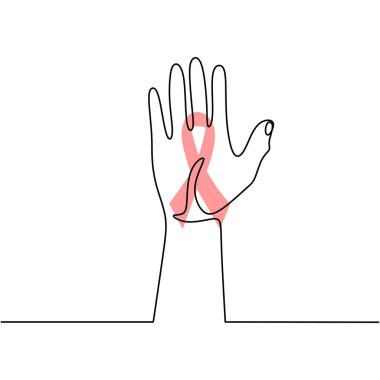 Kırmızı kurdeleli insan eli sürekli bir çizgi çiziyor. Tedavi için umudu destekleyin ve AIDS kavramını durdurun. Dünya Yardım Günü, 1 Aralık. Charity rozet kurdelesi beyaz arkaplanda izole.