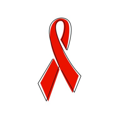 Rozet için sürekli kırmızı kurdele. 1 Aralık 'ta Dünya HIV AIDS Günü. Beyaz arka planda kanser kurdelesi sembolü. Farkındalık kırmızı yay kavramı el çizimi minimalist tasarım vektör çizimi