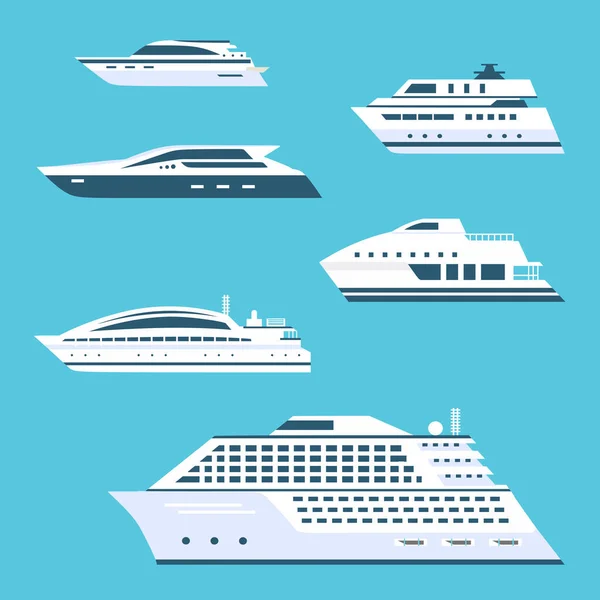 Gran Conjunto Cruceros Iconos Vectores Planos Hermosa Élite Barco Lujo — Vector de stock