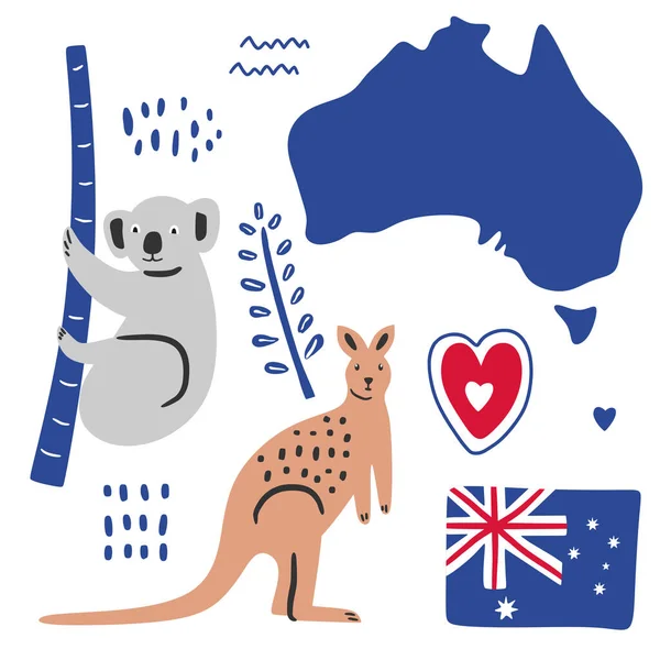 Gran Conjunto Plano Iconos Australianos Famosos Koala Canguro Bandera Mapa — Vector de stock