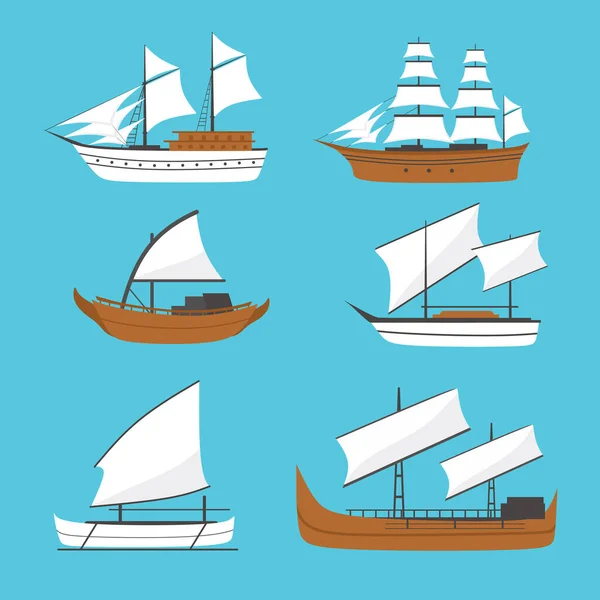 Velero Plano Vectorial Icono Del Barco Conjunto Antiguo Barco Madera — Vector de stock