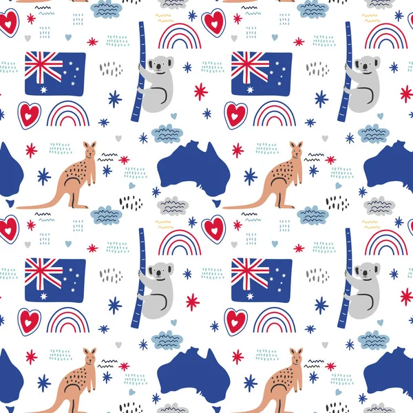 Patrón Sin Costura Vectorial Iconos Australia Canguro Koala Mapa Bandera — Vector de stock