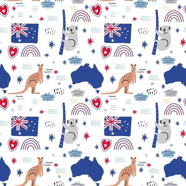 Vector seamless pattern of Australia icons. Kangaroo, koala, map and flag. National Australian holiday and a vacation. Travel to Australia. Design for web page, fabric, wallpaper, textile, flyers.
