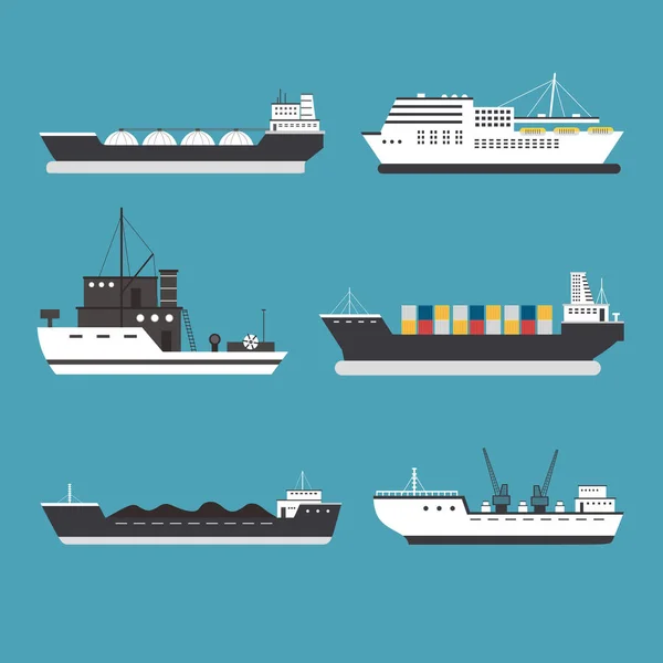 一套以海运为主题的平面矢量网页横幅 工业船 集装箱船 货运公司 水运和海运图标收集 — 图库矢量图片
