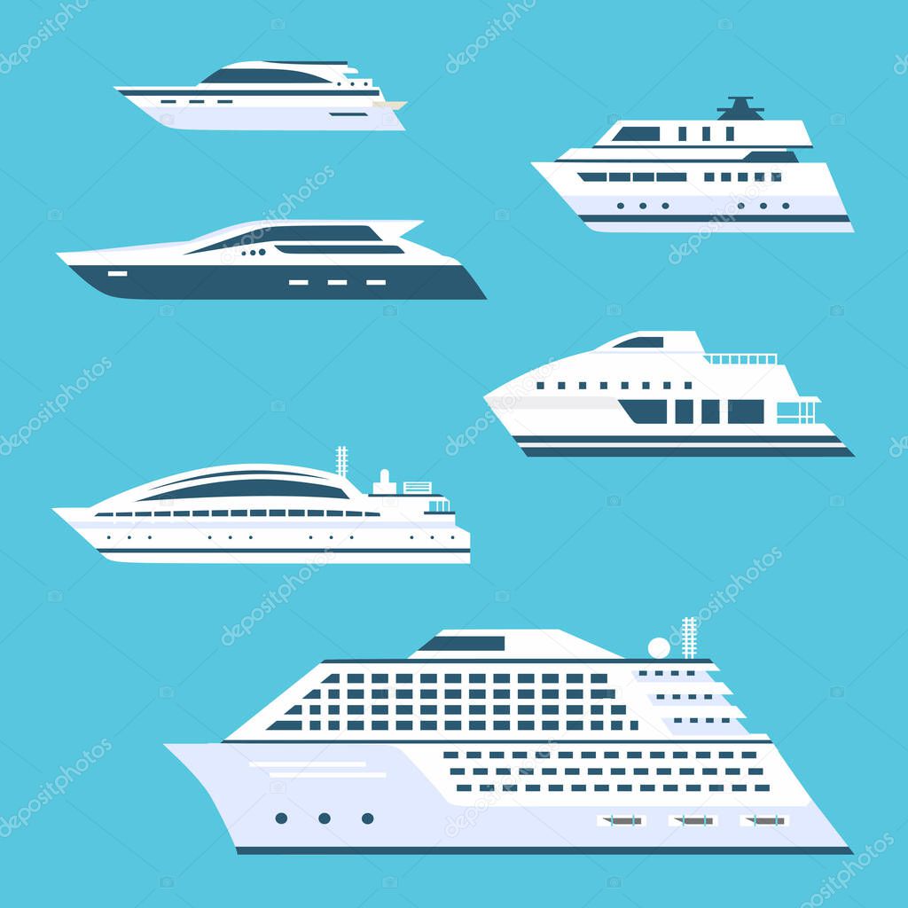 Big set of cruise ship flat vector icons. Beautiful elite, luxury ship at sea. Illustration collection of ocean transport yacht in cartoon style isolated on blue background.
