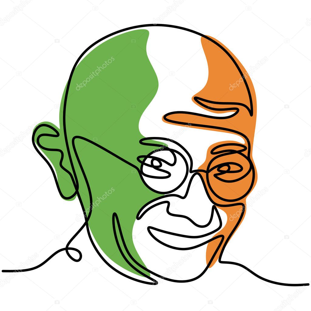One continuous line drawing of Mahatma Gandhi of the Indian figure for independence movement. India Republic Day theme isolated on white background in minimalist style. Vector illustration