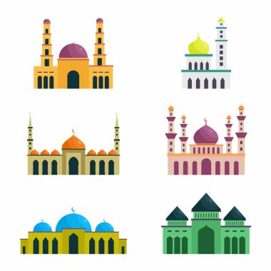 İslam camiinin vektör seti. Ramazan Kareem, Bayramın kutlu olsun. Düz renkli tasarım elementleri olan el çizimi simgeler. Beyaz arkaplanda izole edilmiş modern doğrusal çizimler.