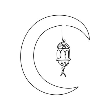 Ayda asılı duran İslami süs fenerinin aralıksız çizimi. Mübarek bayramın kutlu olsun. Geleneksel İslami bayram kutlaması, Arap dini ve kültür çizimi