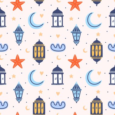 Geleneksel fener, yıldız, yarım ay, cami ve bulutlarla Ramazan veya Kurban Bayramı 'na uygun bir arkaplan seti. Beyaz arkaplanda izole edilmiş çocuksu tekrarlanan çizgi film karakteri.
