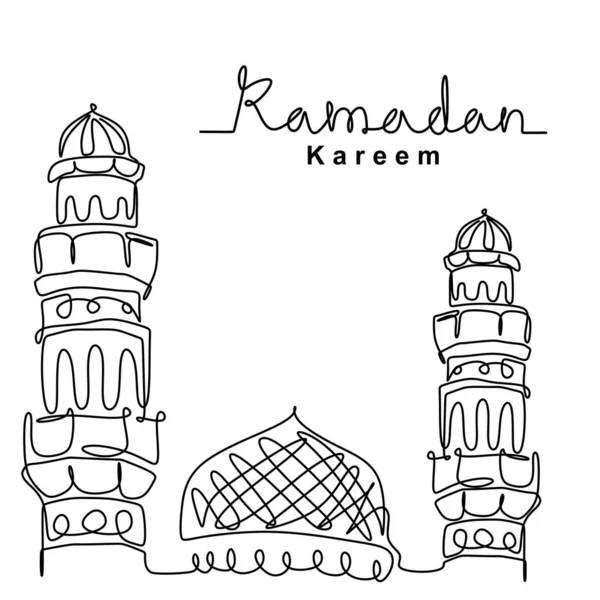 Mezquita Línea Continua Dibujo Vector Diseño Minimalista Feliz Eid Mubarak — Vector de stock