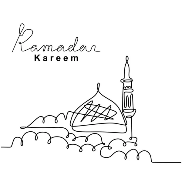 Dibujo Línea Continua Mezquita Islámica Letra Manuscrita Ramadán Kareem Feliz — Vector de stock