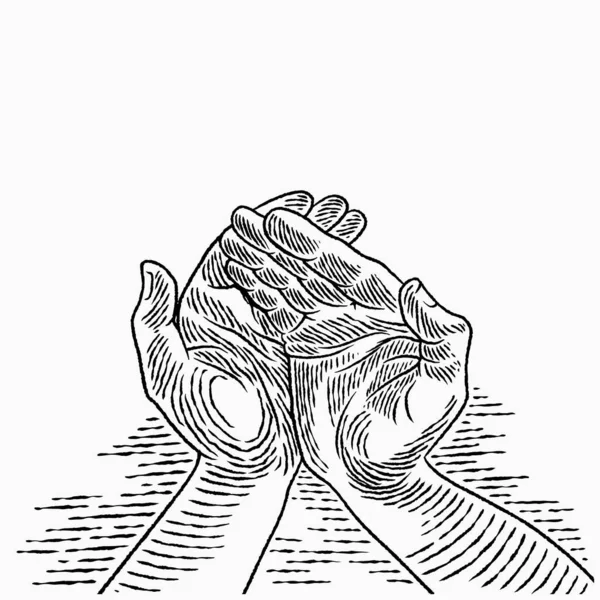 Mão Desenhou Homem Uma Mão Posição Oração Palma Uma Oração —  Vetores de Stock