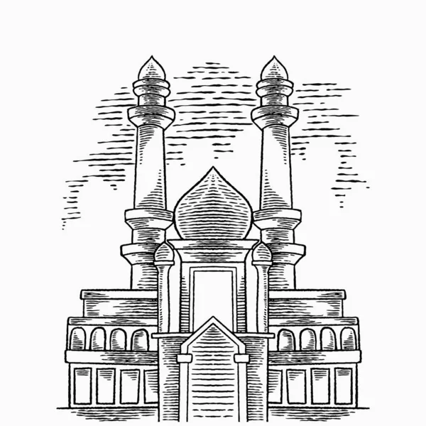 Fond Arabe Vectoriel Avec Grande Mosquée Dessinée Main Beaux Éléments — Image vectorielle