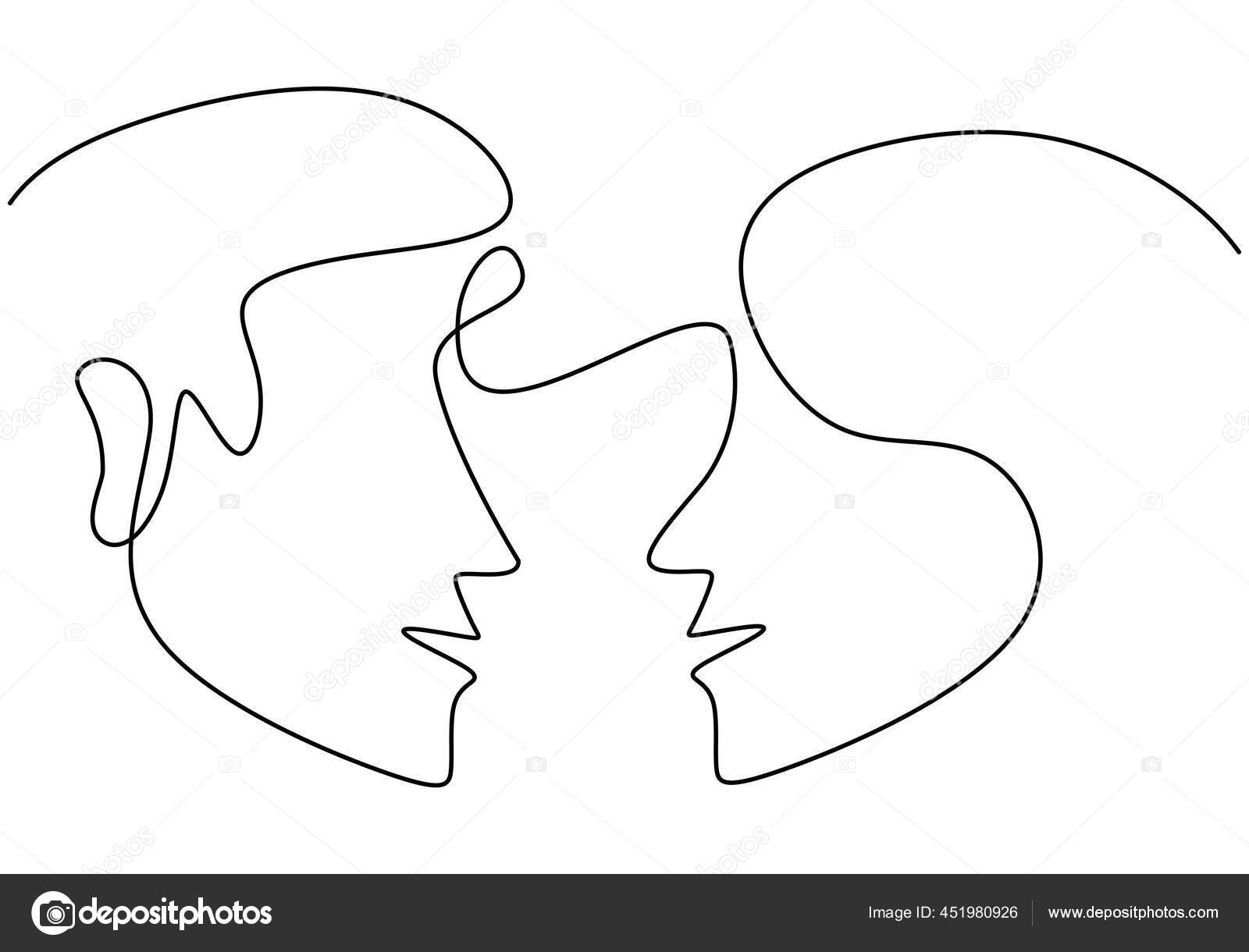 Continuous One Line Drawing Man Woman Heads White Background Young ...