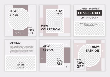 Pastel renkli sosyal medya şablonları, taşınabilir uygulamalar için açık gri, web pankartları için açık gri ile fotoğraf çekilmek üzere ayarlandı. Modern stil tasarımı ile promosyon şablonu. Vektör illüstrasyonu