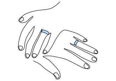 Nişan yüzüklerini gösteren kadın ve erkeğin sürekli çizdiği bir çizgi. Mutlu genç çift evlilik sembolünü sever. Yüzük değişimi, el resmi siluetiyle çizilmiş. Vektör illüstrasyonu