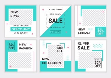 Basit yaratıcı renkli sosyal medya ileti şablonu. Bir kitap, bebek mağazası, moda, oyuncaklar ve yemek için minimalist bir konsept. Sosyal medya mavi ve beyaz renklerle beslenir. İndirimli reklam satışı