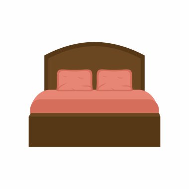 Yatak odası ve otel odası için çift katlı ahşap yatak. Çizgi film mobilya ve ekipman ikonu beyaz arka planda izole edildi. Uyumak ve dinlenmek için bir yer. Daire içi eşyalar..