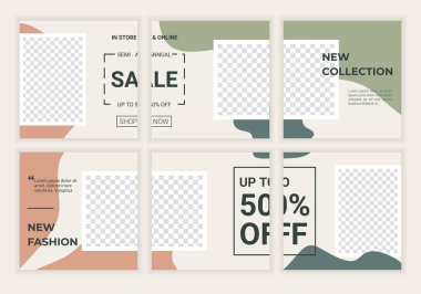 Reklam şablonu için düzenlenebilir kare pankart seti. Moda mağazası, makyaj dükkanı, cilt bakkalı reklamı ve markası için mükemmel. Pastel renk çerçeveli vektör illüstrasyon arka planı