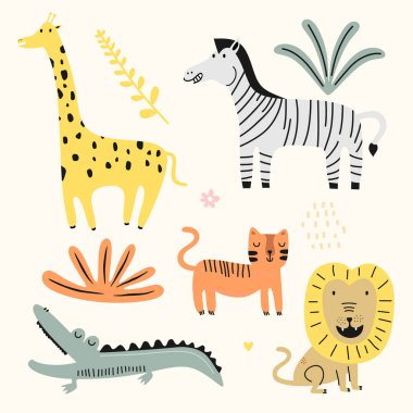 Çocuklar için sevimli hayvan koleksiyonu. Aslan, timsah, kedi ve zebralı orman hayvanları. El yapımı grafik hayvanat bahçesi. Bebek partisi, kartpostal, etiket, broşür, broşür, sayfa, pankart tasarımı için mükemmel