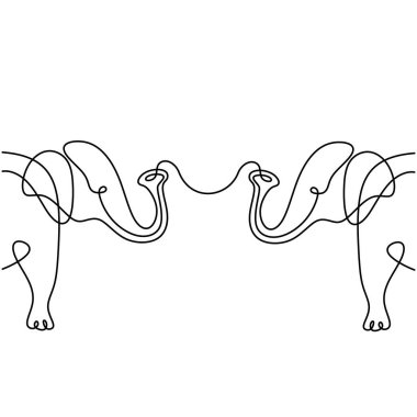 Kalp aşk sembollü iki fil siluetinin aralıksız çizimi. Düğün, sevgililer günü, sarılma günü, aile, arkadaşlık kartı tasarımı konsepti. Kalpli fillerin logosu