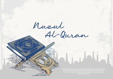 Mavi Kuran 'lı Nuzul al-Kur tebrik kartı. Müslüman cemaati kutlaması için kutsal İslami gün ve klasik tasarım..
