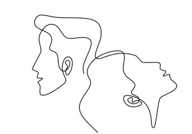 Beyaz arka planda kadın ve erkeğin durmaksızın çizdiği bir çizgi. Birbirlerine yaslanan genç bir çift. Sevgililer Günün kutlu olsun. Minimalist stil romantik grafik tasarımı. Vektör illüstrasyonu