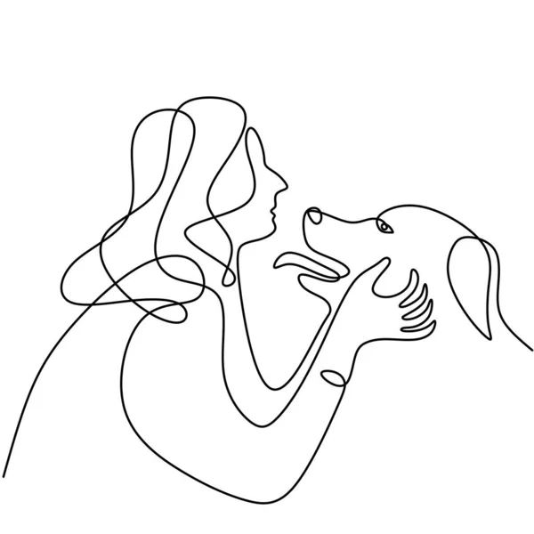 女人与宠物狗的连续线条画 年轻的女性喜欢玩她可爱的狗线型草图 它与白色背景隔离 关于人类和宠物动物概念的友谊 — 图库矢量图片