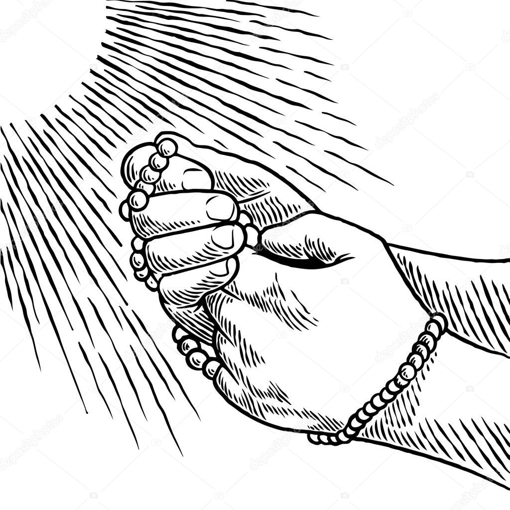 Hand drawn hands folded in praying position. Prayer to god with faith and hope. A man pray while holding a rosary in his hands isolated on white background in vintage style. Vector illustration