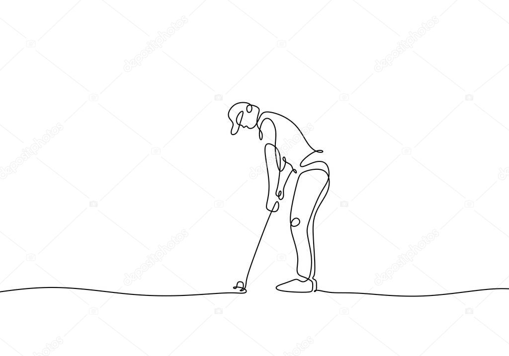 Continuous one line drawing of man playing golf