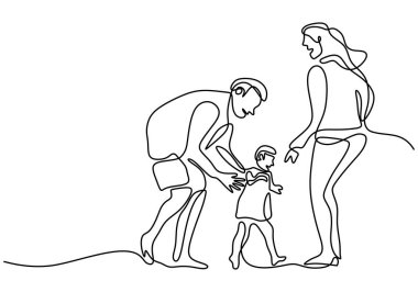 Mutlu aile babalarının, annelerinin ve çocuklarının beyaz arka planda kendi sahalarında birlikte oynadıkları bir çizgi. Mutlu aile ebeveynliği kavramı. Vektör illüstrasyonu