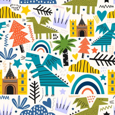 Şirin yusufçuk dinozor, kusursuz desenli. Beyaz arka planda komik renkli dinozorlar vektör çizimi. Peri masalı hayvan konsepti. Tekstil, kumaş ve kreş için arkaplan.