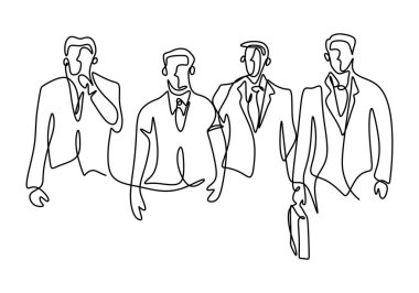 Kendine güvenen bir iş adamının durmaksızın durduğu bir çizgi. Genç bir işadamı, beyaz arka planda izole edilmiş bir başarının iyimser sembolü olarak geleceğe bakıyor. Vektör illüstrasyonu