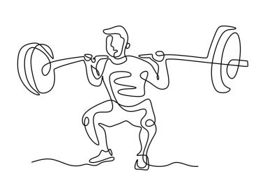 Devamlı çizilmiş bir halterci çizgisi elde bir siluet resmi. Ağırlık kaldırma antrenmanı konsepti. Halter kaldıran erkek sporcu beyaz arka planda izole edildi