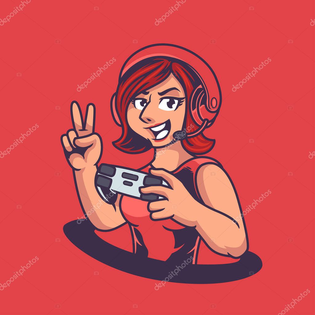 Gamer girl mascot gaming e-sport logo template. Beautiful ladies character with headphone and holding joystick isolated on red background. Sport illustration design for logo e-sport gaming team squad