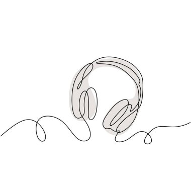 one line drawing of headphone speaker with grey color. Device gadget continuous line art design isolated on white background. Music element for listening songs and play list.