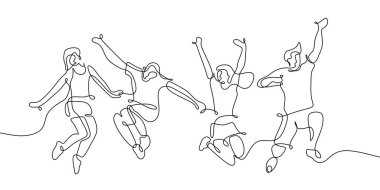 One single continuous line drawing of four jumping happy teen team members isolated on white background.